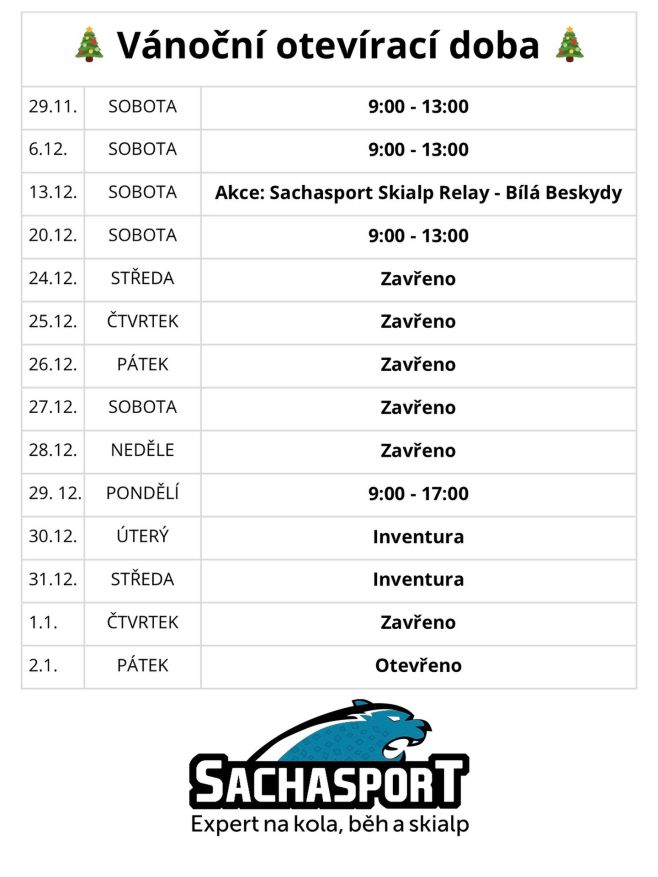 VÁNOČNÍ OTEVÍRACÍ DOBA V SACHASPORTU